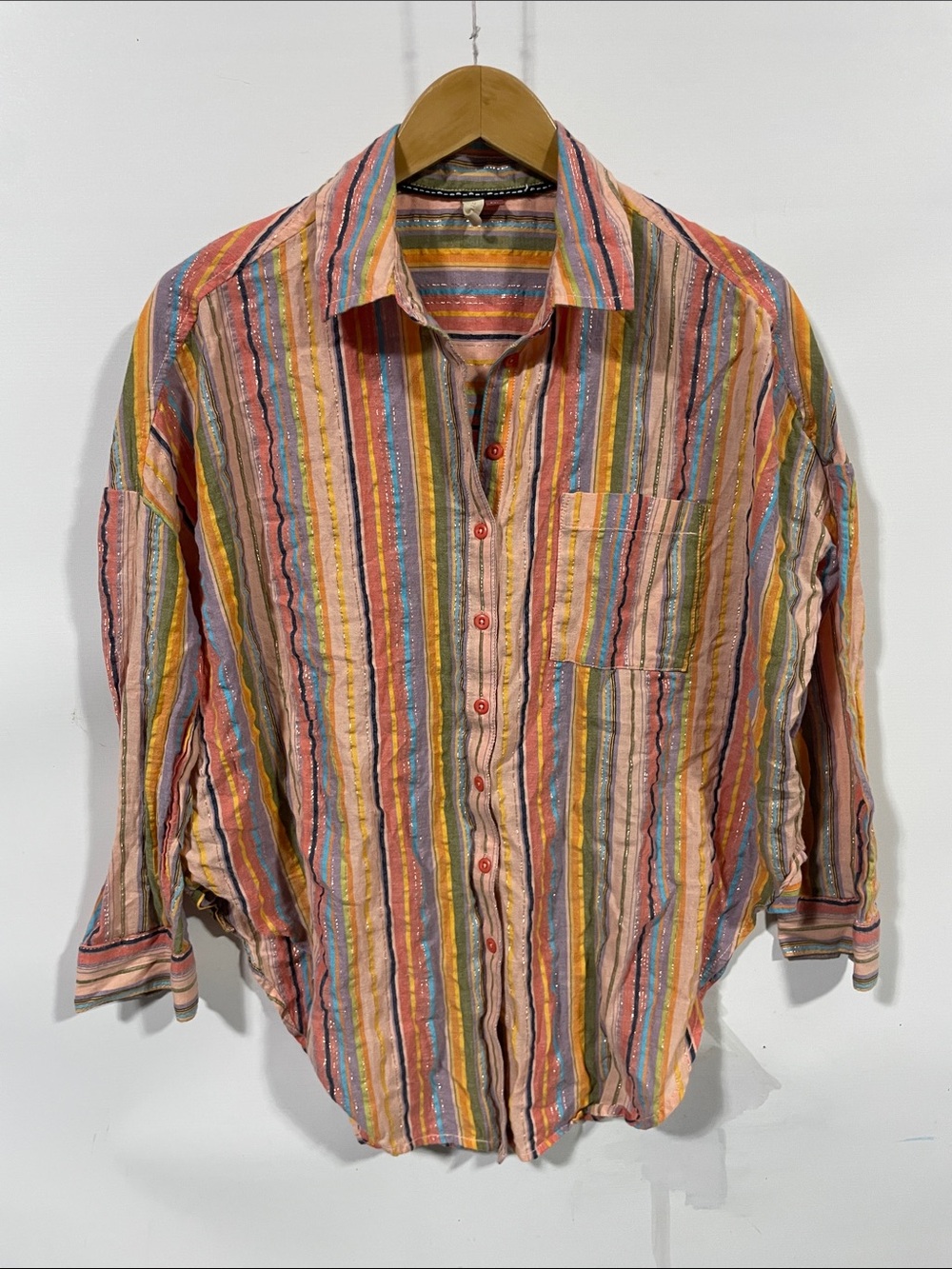 Pilcro Multicolor Striped Button-Down Shirt — Pink, Blue, Yellow, Green
